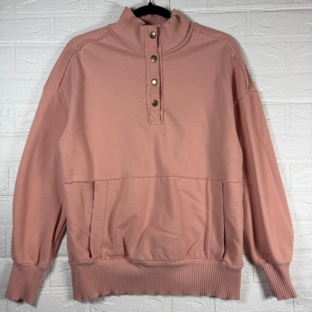 Free People Sweatshirt Womens Medium Pink Mock Neck Snap Pullover OB1069502